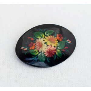 Vintage Art Nouveau Floral Garden Wooden Brooch - T11